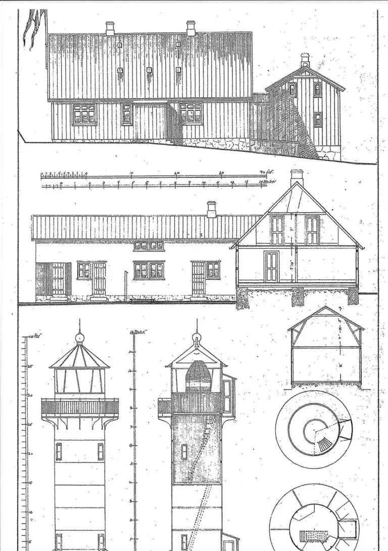 Original architectural drawings and blueprints of the Akraberg lighthouse tower and keeper's house